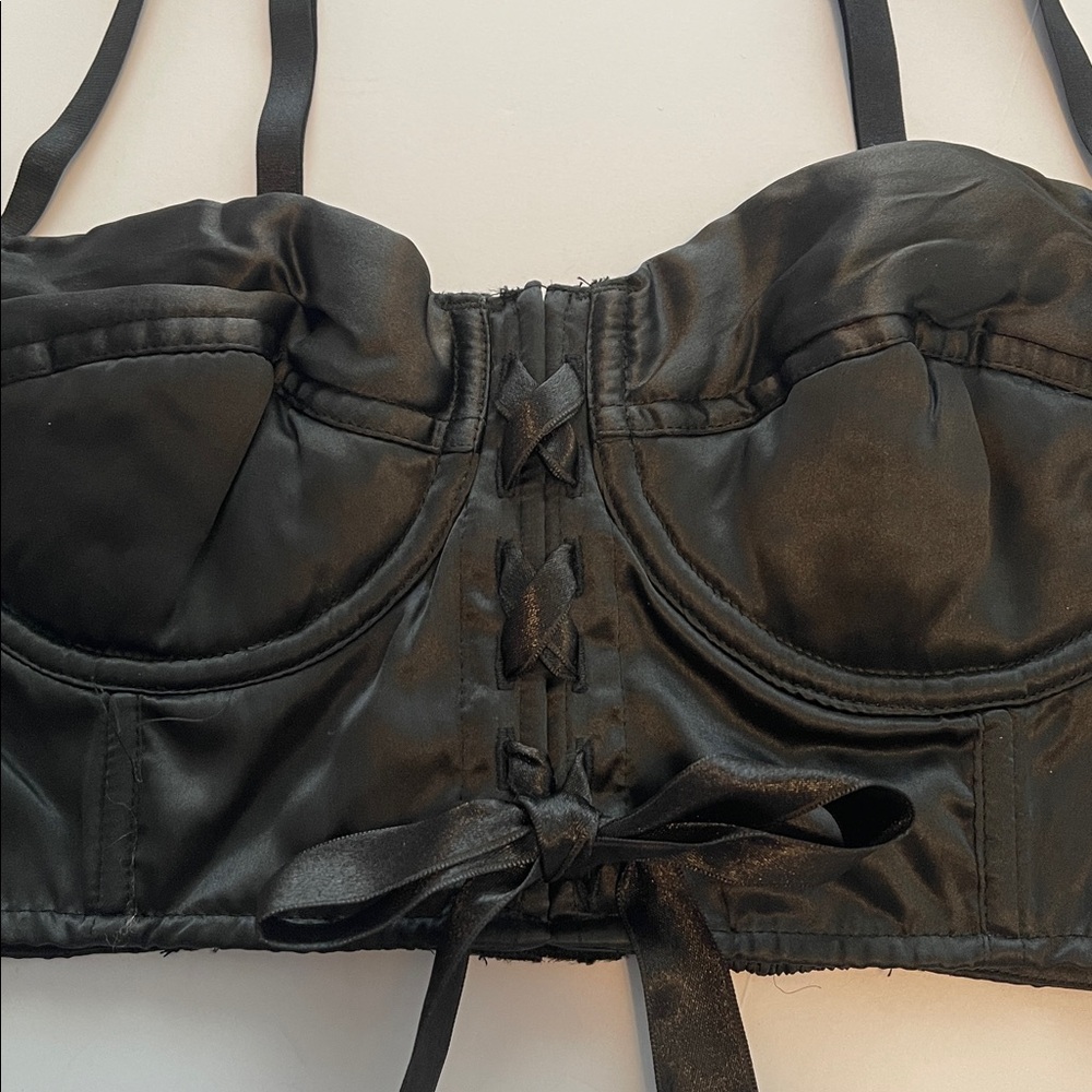 Cacique 90s black silk lace up bustier top size S